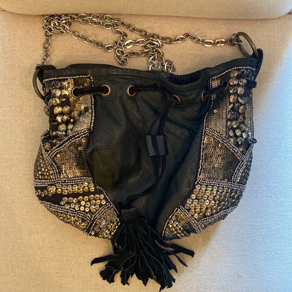 Sorpresa Beaded Leather Suede Shoulder Bag Chain Link Black Gold